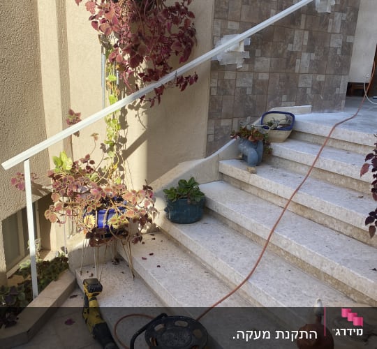 מעקה לבן על מדרגות עם צמחייה מסביב